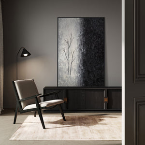 Handgemalte Acrylmalerei mit Rahmen „Atem des Winters“ – Abstrakte Kunst in Schwarz-Weiß