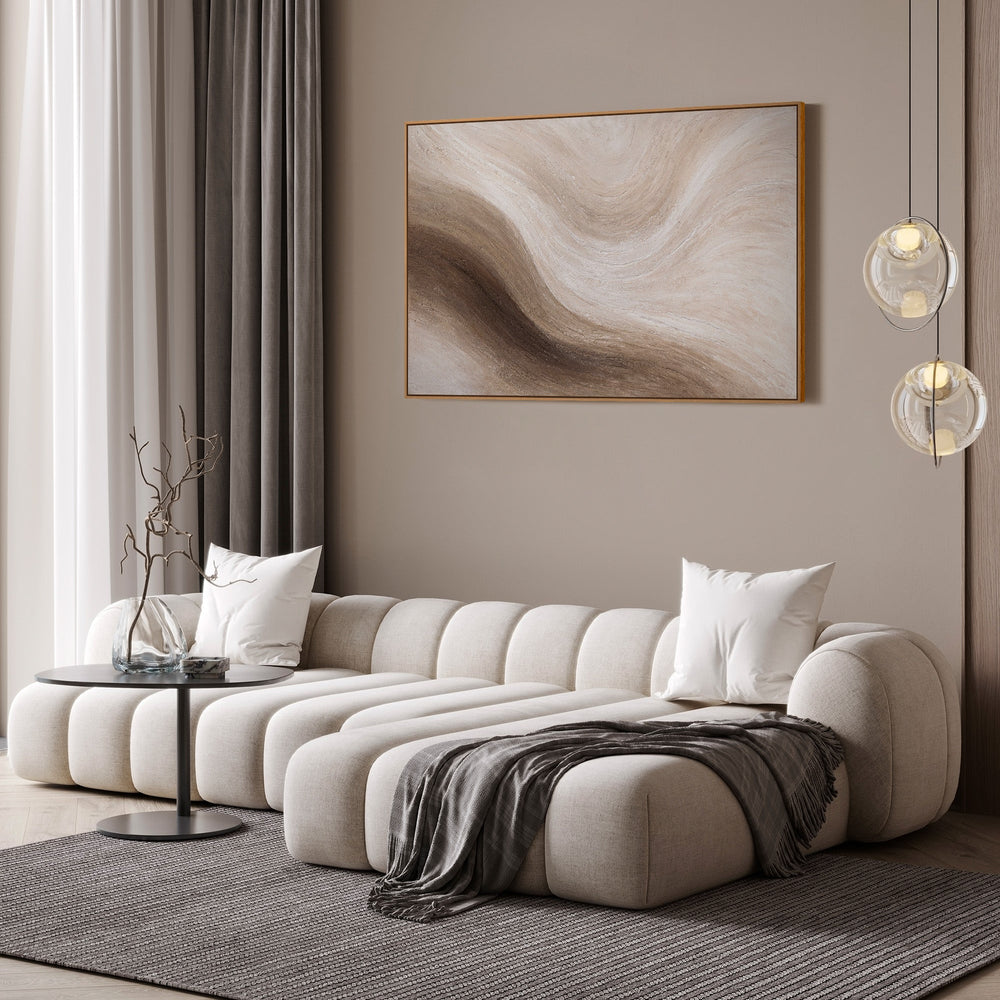 Abstraktes Leinwandbild in Beige und Sand mit Struktur, modernes Wandbild im Schlafzimmer