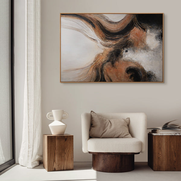 Abstraktes Leinwandbild in Schwarz, Grau und Kupfer, modernes Wandbild im Wohnzimmer