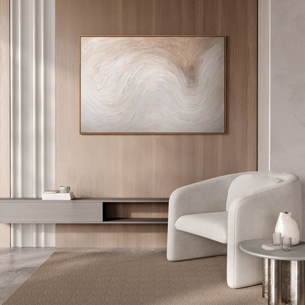 Abstract schilderij op canvas "Lichtstroom" in lichte, natuurlijke tinten, ingelijst.