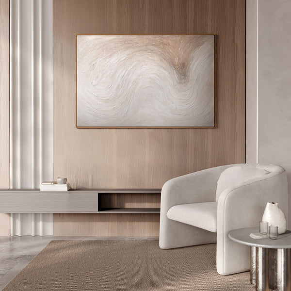 Abstract schilderij op canvas "Lichtstroom" in lichte, natuurlijke tinten, ingelijst.