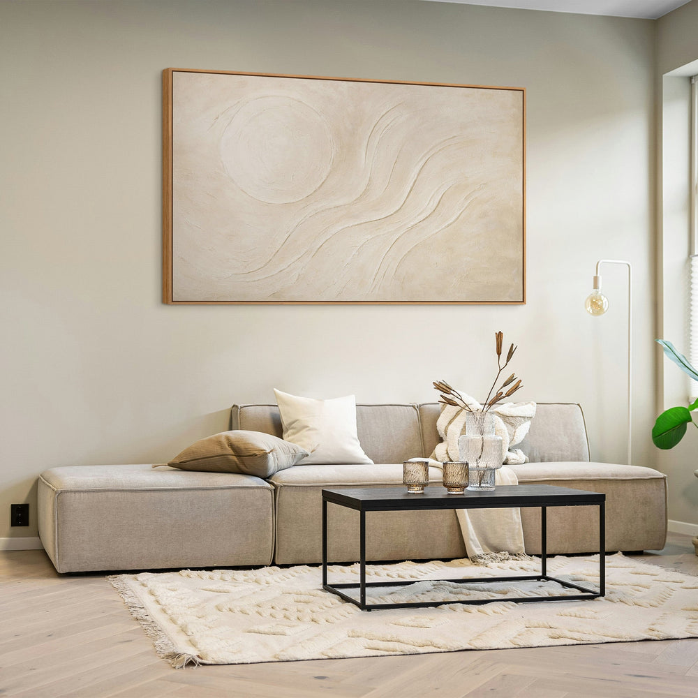Abstract schilderij op canvas "Zandige Zon" in warme beigetinten - moderne schilderijen met lijst