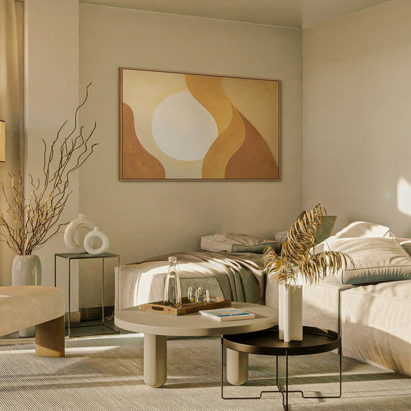 Rustgevende abstracte kunst op canvas in een lijst met lichtinval: "Omhelzing van de dageraad".