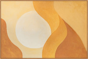 Rustgevende abstracte kunst op canvas in een lijst met lichtinval: "Omhelzing van de dageraad".