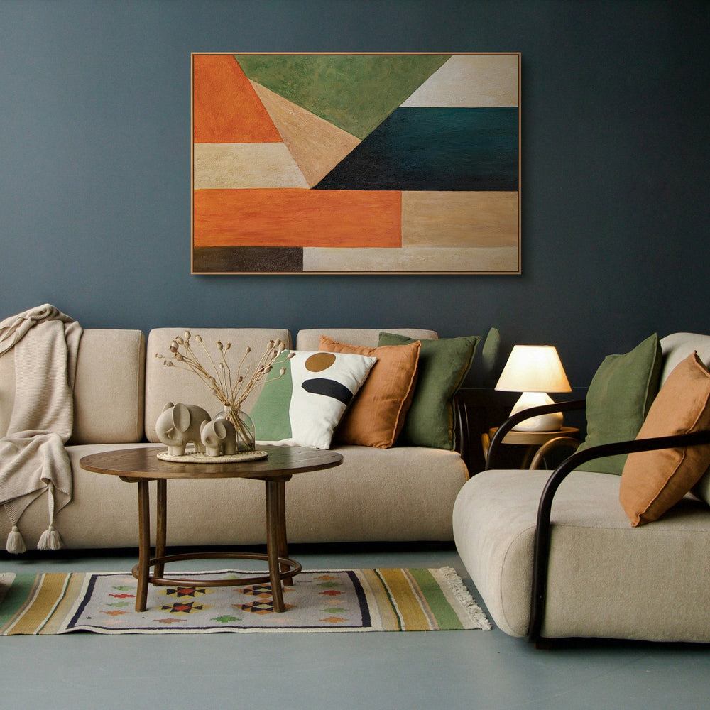 Moderne acrylschilderijen met een geometrische structuur binnen het kader "Orde en Beweging".