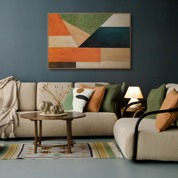 Moderne acrylschilderijen met een geometrische structuur binnen het kader "Orde en Beweging".