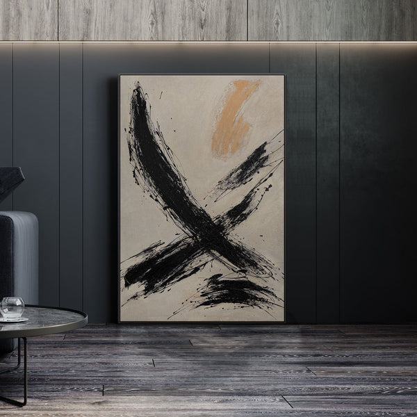 Leinwandbild mit Rahmen „Kraft des Pinselstrichs“ – Handgemalte abstrakte Kunst in Schwarz-Beige