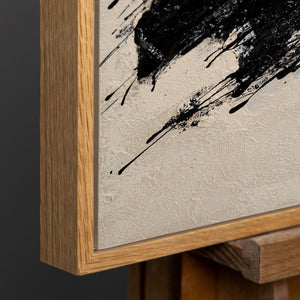 Abstract Schilderij In Lijst – Handgeschilderd Canvas Met Expressieve Zwarte Penseelstreken