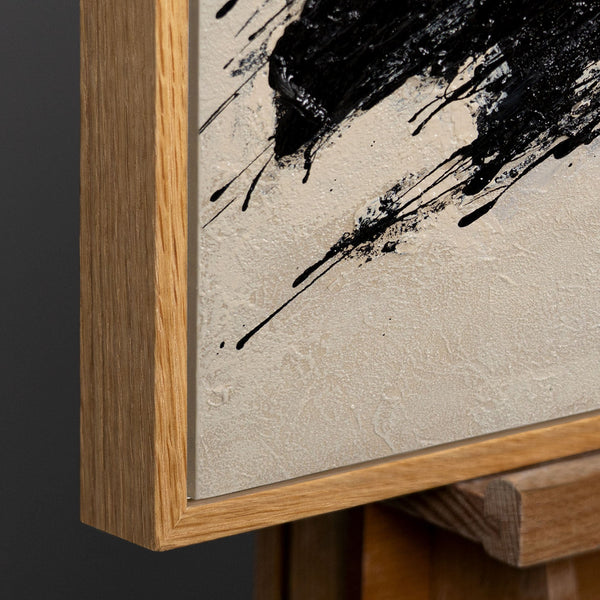 Abstract Schilderij In Lijst – Handgeschilderd Canvas Met Expressieve Zwarte Penseelstreken