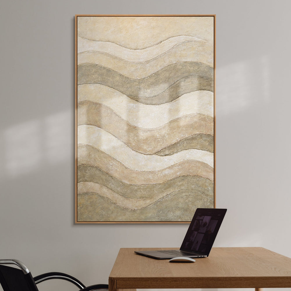Abstracte schilderijen Beige – Moderne wanddecoratie woonkamer canvas „Het Fluisteren van de Valleien”