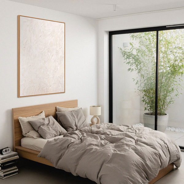 Moderne wanddecoratie neutraal – Abstract schilderij Beige „Het Fluisteren van de Tijd”