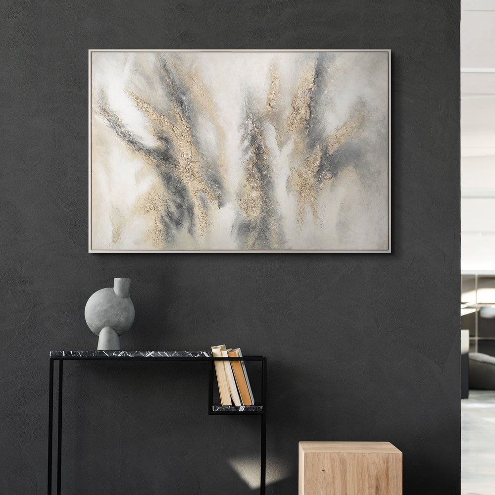 Handgeschilderd acryl schilderij in grijs & goud – Abstracte wanddecoratie „Wolkenmelodie”