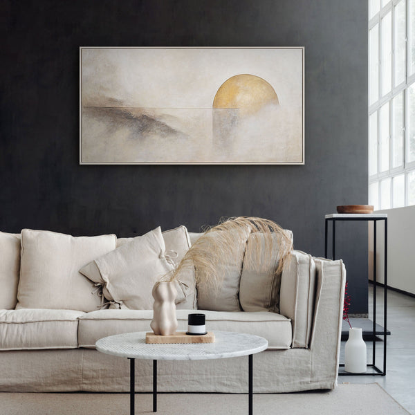 Handgeschilderd structuur schilderij „Horizontlijn” – Wanddecoratie in Beige en Goud
