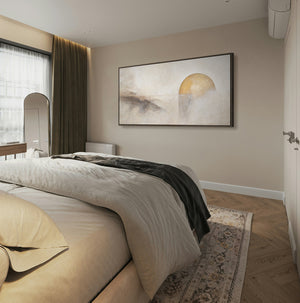 Handgeschilderd structuur schilderij „Horizontlijn” – Wanddecoratie in Beige en Goud