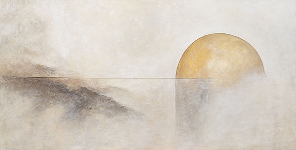 Handgeschilderd structuur schilderij „Horizontlijn” – Wanddecoratie in Beige en Goud