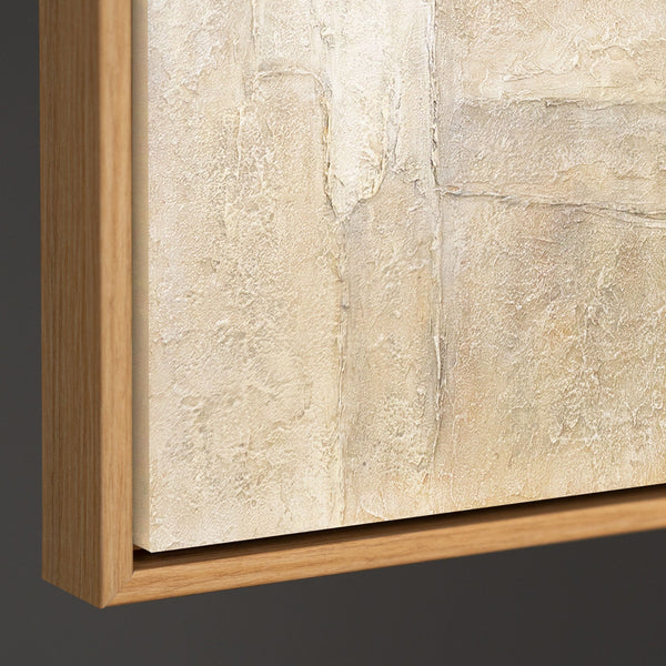 Abstract acrylverfschilderij op canvas in beigegrijs: "Verticalen van tijd".