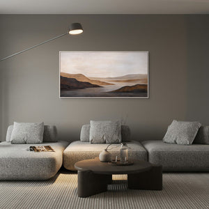 Handgeschilderd Acryl Schilderij „Zachte Zonsopgang” – Handgeschilderd Landschap in Beige & Bruin