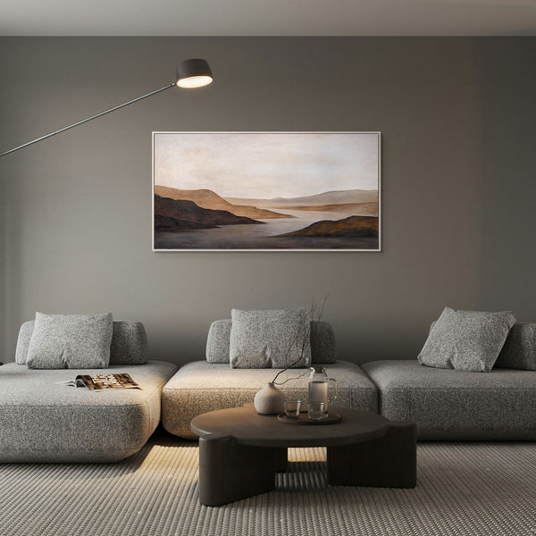 Handgeschilderd Acryl Schilderij „Zachte Zonsopgang” – Handgeschilderd Landschap in Beige & Bruin