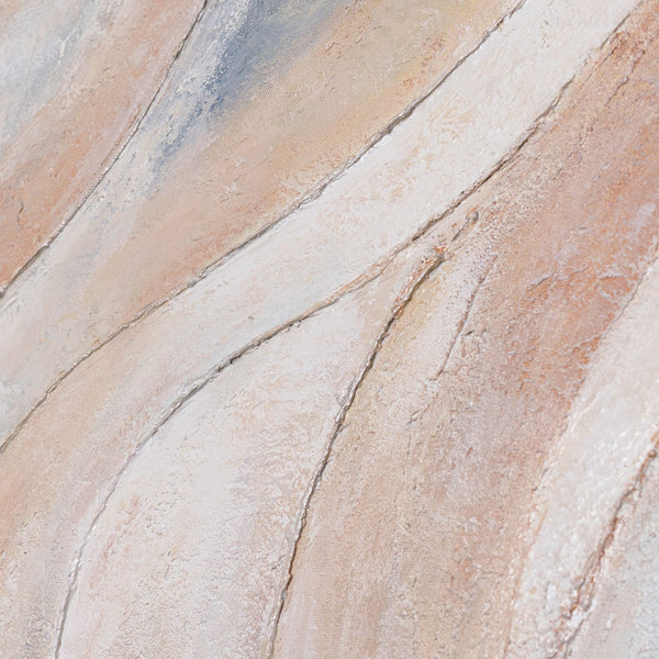 Abstract schilderij „Windlijnen“ – Moderne wandkunst in Beige, Blauw & Roze