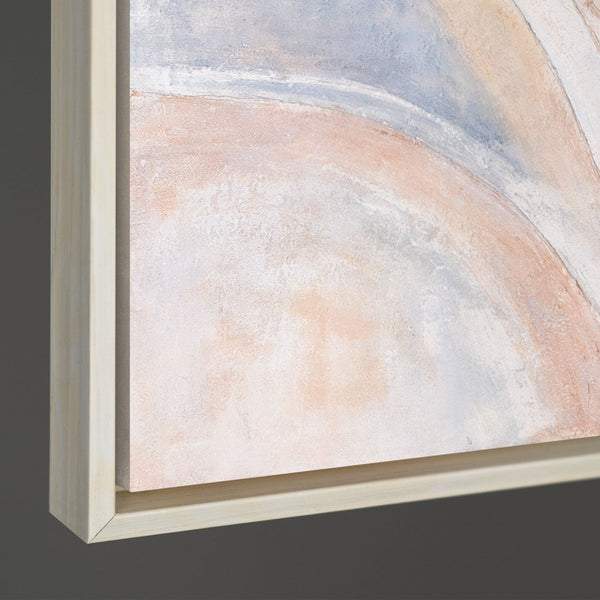 Abstract schilderij „Windlijnen“ – Moderne wandkunst in Beige, Blauw & Roze