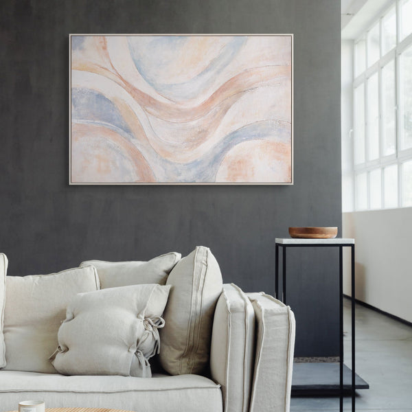 Abstract schilderij „Windlijnen“ – Moderne wandkunst in Beige, Blauw & Roze