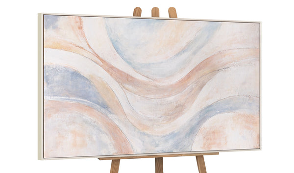Abstract schilderij „Windlijnen“ – Moderne wandkunst in Beige, Blauw & Roze