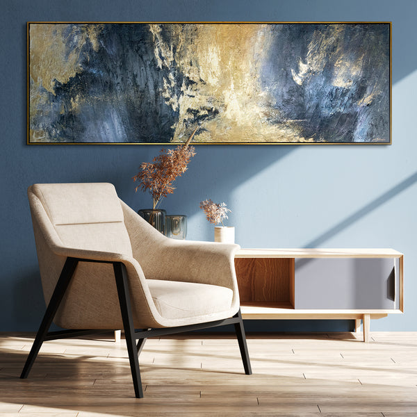 Exklusive Wandkunst, handgemaltes Gemälde, abstrakte goldene und blaue Texturen, moderne Kunst, gerahmt, horizontale Leinwand, Wohnzimmerdekoration, luxuriöse Wanddekoration, einzigartiges Design