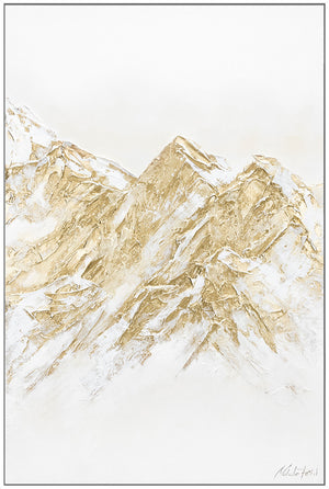 Handgeschilderd canvas schilderij “Zugspitze” – abstracte bergen in wit en goud