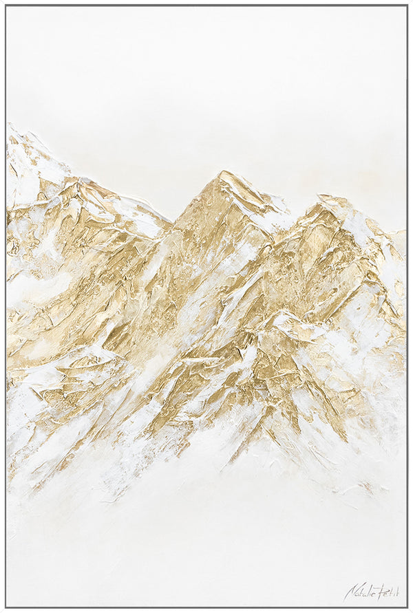 Handgeschilderd canvas schilderij “Zugspitze” – abstracte bergen in wit en goud