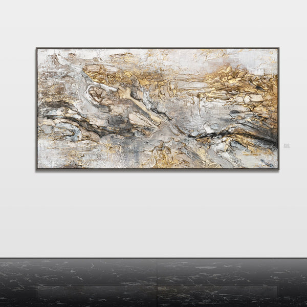 Abstract acryl schilderij met gouden accenten - Handgeschilderde afbeelding op canvas met lijst