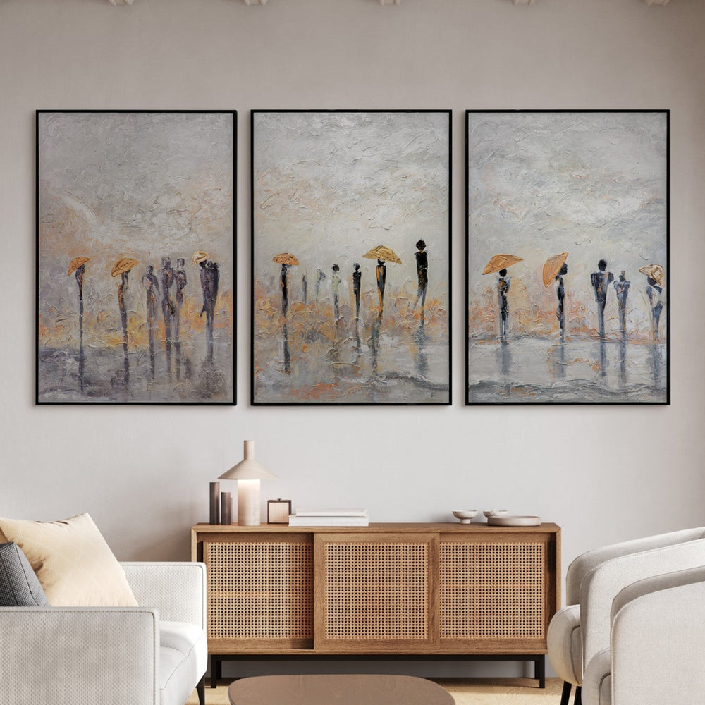 Wandbilder Wohnzimmer über der Kommode – Triptychon abstrakt mit Silhouetten in Beige, Grau und Gold