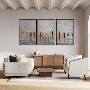 Handgeschilderd acryl schilderij met lijst – Abstracte mensen met gouden paraplu's 