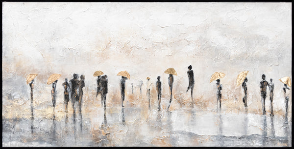 Handgeschilderd acryl schilderij met lijst – Abstracte mensen met gouden paraplu's 