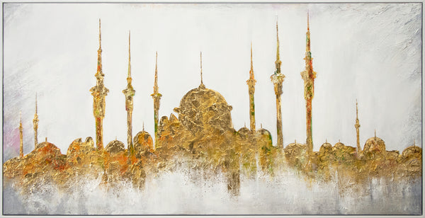 Handgemaltes Acrylbild auf Leinwand mit goldenen Akzenten – Orientalische Architektur mit Rahmen