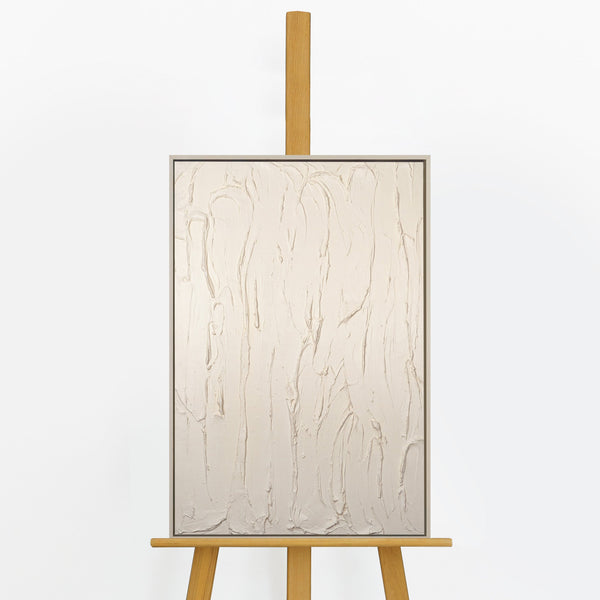 Handgemaltes Acrylbild „Schleier" auf Staffelei – cremefarbene Reliefstruktur, beiger Holzrahmen