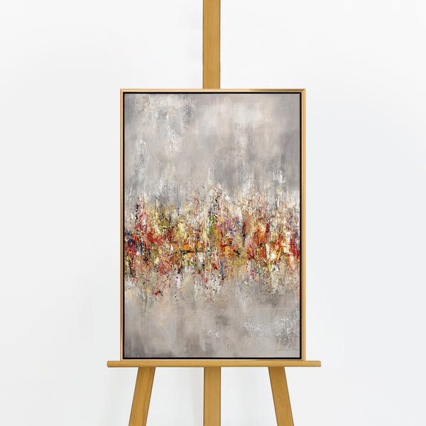 Handgemaltes Acrylbild „Heller Horizont" auf Staffelei – expressive Farben, goldener Rahmen