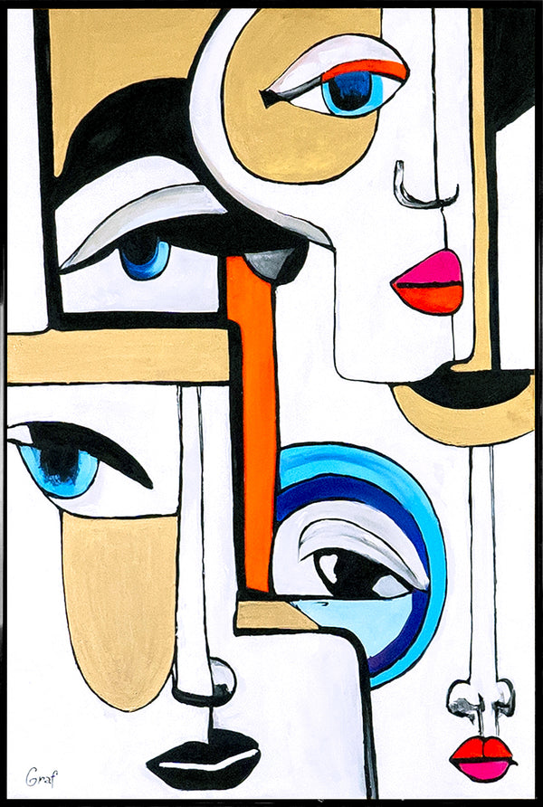 Handgeschilderde acryl schilderijen op canvas met lijst "Game of Geometry"