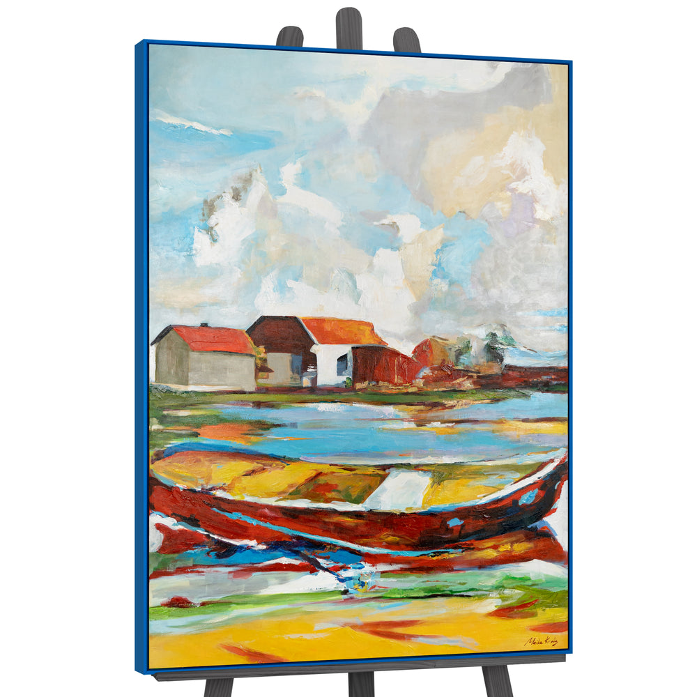 Handgeschilderd landschapsschilderij "Getijden van Inspiratie" – Abstract motief met boot en huizen