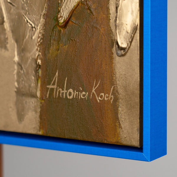 Handgemaltes Bild „Inspiration" an der Wand – figurative Malerei mit Goldakzenten und blauem Rahmen