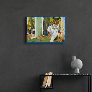 Figuratives Acrylbild „Inspiration" im modernen Wohnzimmer – farbige Wanddeko mit blauem Rahmen