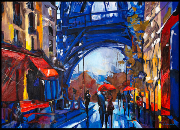 Handgeschilderde acrylverfschilderijen op canvas met lijst "Straten van Parijs"