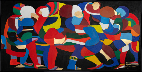 Handgeschilderde acryl schilderijen op canvas met lijst "Dansen van kleuren en vormen"