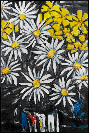 Handgeschilderde acryl schilderijen bloemen modern met lijst "Sneeuwwitte madeliefjes"