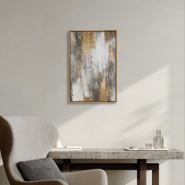 Abstraktes Goldgemälde „Sanfter Zeitfluss" im modernen Wohnzimmer – elegante Wanddeko in Gold und Grau