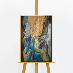 Handgemaltes Acrylbild „Abstrakte Symphonie" auf Staffelei – Gold und Grau Reliefstruktur, goldener Rahmen