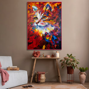 Handgeschilderde acryl schilderijen van katten in lijst "Abstracte Kater" Textuur wanddecoratie
