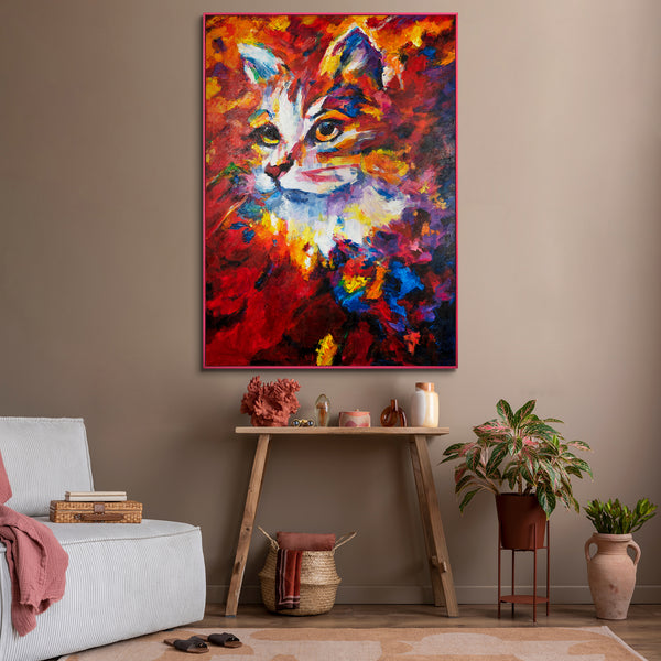 Handgeschilderde acryl schilderijen van katten in lijst "Abstracte Kater" Textuur wanddecoratie