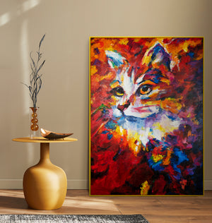 Handgeschilderde acryl schilderijen van katten in lijst "Abstracte Kater" Textuur wanddecoratie