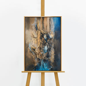 Handgemaltes Acrylbild „Elegante Abstraktion" auf Staffelei – Gold und Blau Reliefstruktur, goldener Rahmen