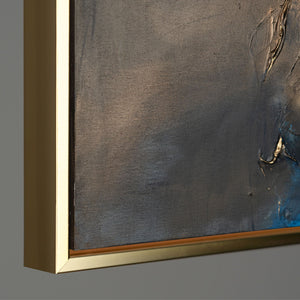 Abstraktes Gemälde „Elegante Abstraktion" im modernen Wohnzimmer – Wanddeko Gold und Blau mit Rahmen